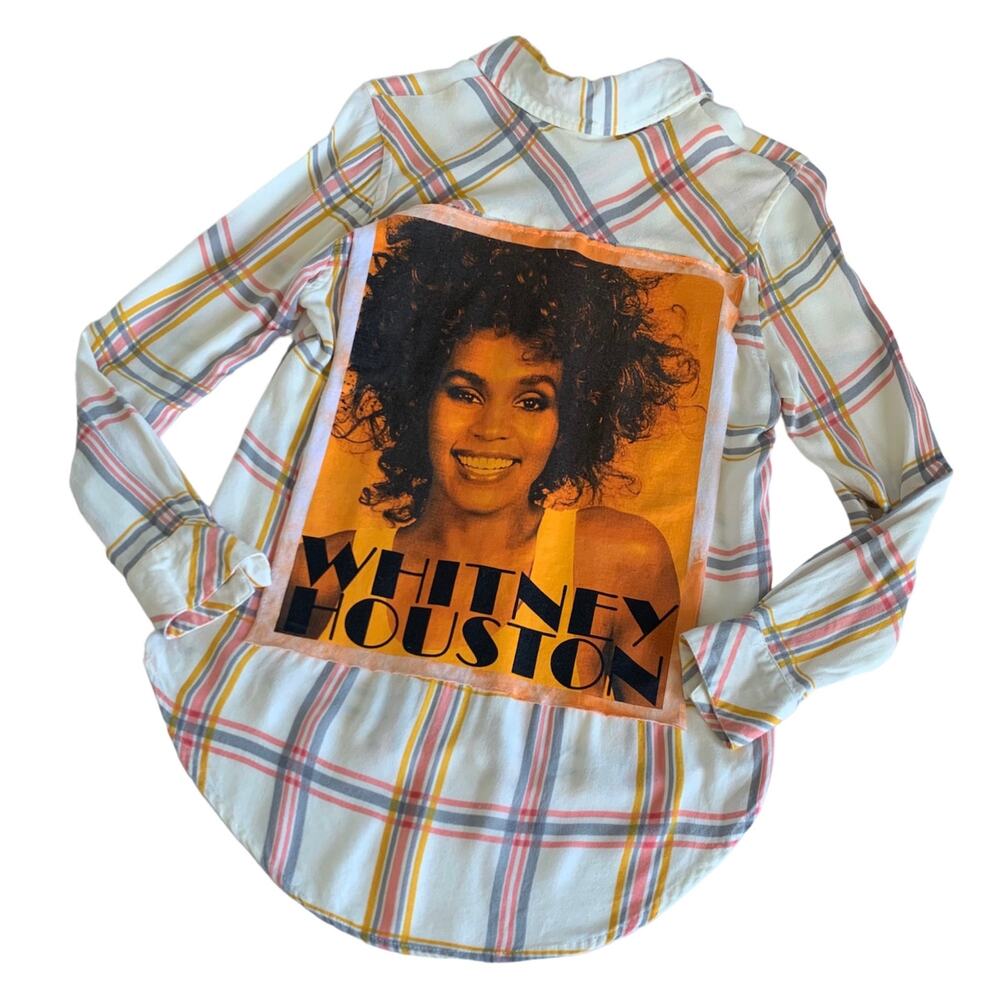 Reworked Whitney Houston Custom Upcycled Plaid Button Up Shirt Women's Small